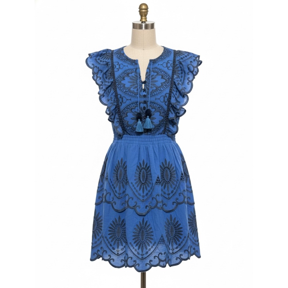 SEA New York Blue Ruffled Floral Print Cotton embroidered Dress sz 0 SMALL FLAW